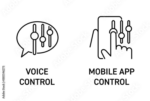 Smart home remote control icons with mobile app and voice command