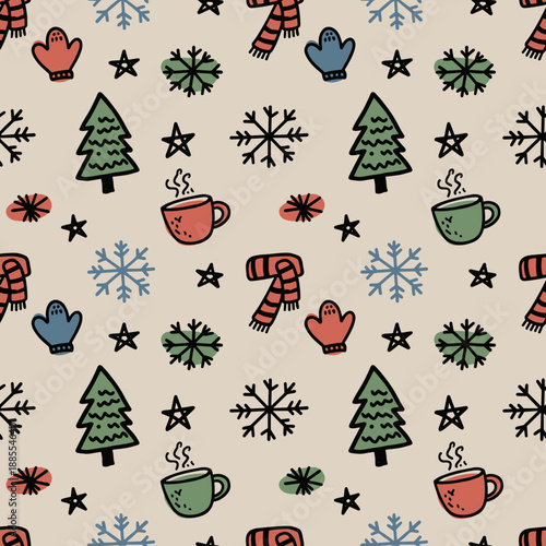 Cozy handdrawn seamless pattern winter doodles Christmas trees mugs snowflakes mittens and scarves