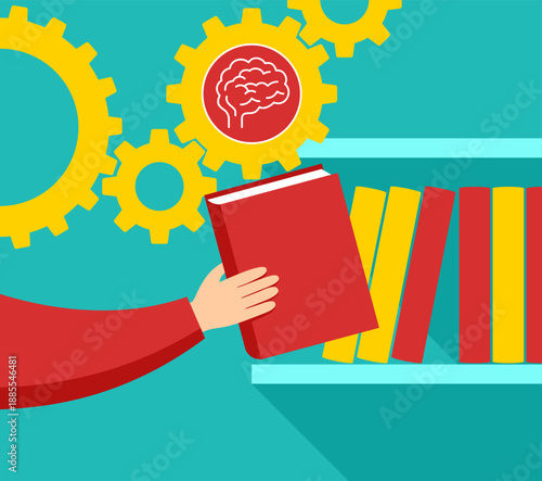 Hand reaching for book on bookshelf in library setting