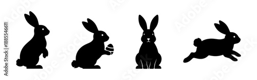 Set of four black rabbit silhouettes in different poses. Vector illustration of bunnies sitting, standing, and running.