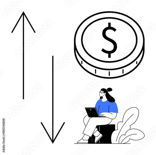 Economic trends. Arrows showing growth and decline alongside a currency symbol economic trends. Woman using a laptop conveys innovation and analysis. For fintech, stock market insights, business