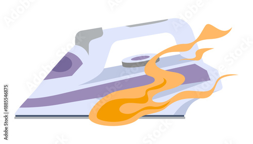 Damaged electric iron with fire and smoke shown isolated on white background vector illustration