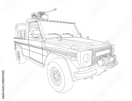 Detailed sketch of a rugged military truck with a mounted machine gun on its roof. The vehicle contour is highlighted against a clean white background.
