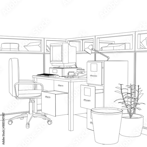 A retro office cubicle features a wooden desk with a computer, telephone, and lamp. The workspace includes a chair, filled cupboards, and a potted plant for greenery.