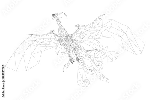 A low poly dragon design with a wireframe aesthetic, composed of geometric shapes and clean lines on a white background. This intricate illustration resembles a stylized phoenix or mythical bird.