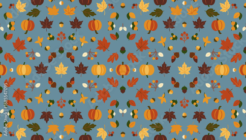 Seamless autumnal pattern of pumpkins colorful leaves acorns and berries on a dusty blue background