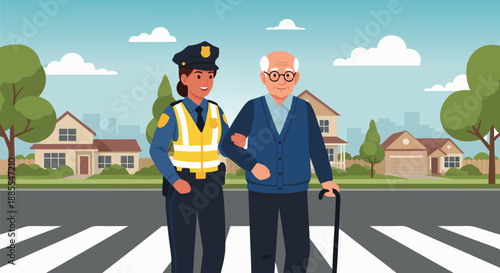Helpful police officer assists elderly man crossing street vector illustration of community care and safety