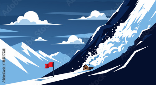 Avalanche Warning Vector Illustration of a Ski Resort in Danger with a Red Flag