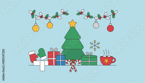 Festive Christmas vector illustration with tree wrapped gifts candy canes and holly decorations