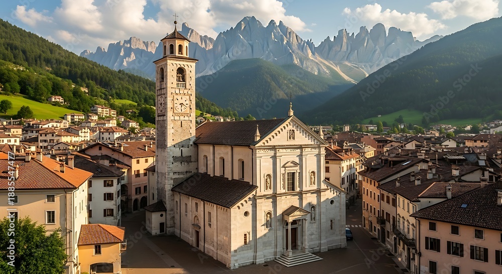 Obraz premium Scenic alpine village nestles beneath dramatic jagged mountain peaks.
