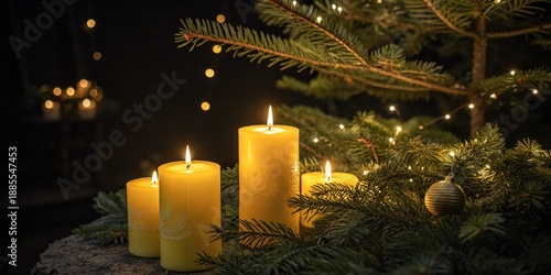 Wallpaper Mural Beautiful composition of burning candles and evergreen branches creates a cozy holiday atmosphere during the winter season Torontodigital.ca