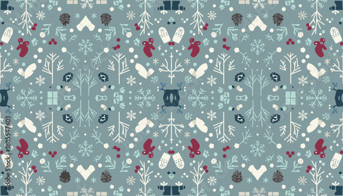 Christmas seamless pattern with snow mittens pine cones and berries Ideal for holiday fabric design