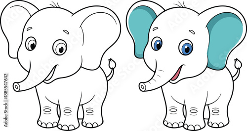 Cute elephant coloring book illustration featuring simple outlines and colorful examples