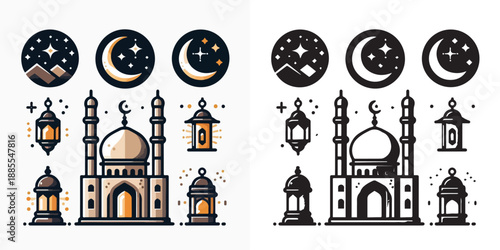 Ramadan Kareem vector and silhouette pack - mosque, lantern & crescent moon icons on white background.