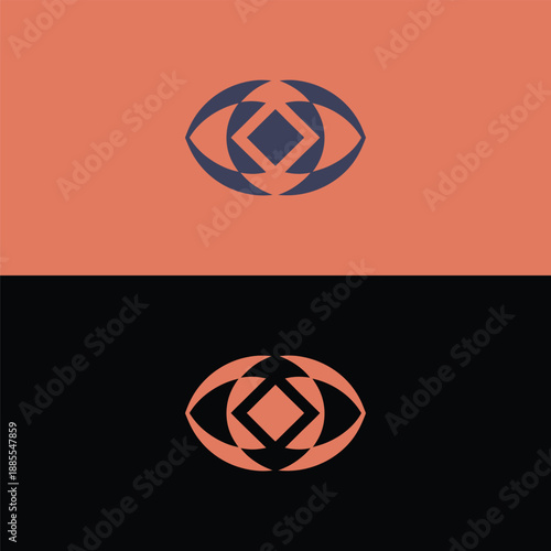 This abstract logo features a stylized eye shape with a central diamond, presented in contrasting colors on both an orange and a black background.