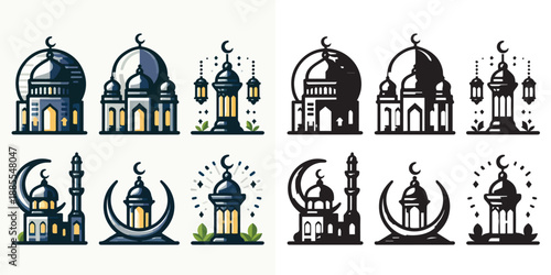 Ramadan Kareem vector and silhouette pack - mosque, lantern & crescent moon icons on white background.
