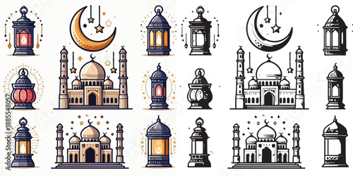 Ramadan Kareem vector and silhouette pack - mosque, lantern & crescent moon icons on white background.