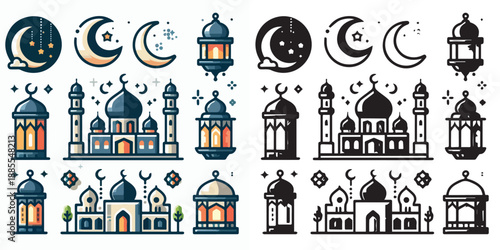 Ramadan Kareem vector and silhouette pack - mosque, lantern & crescent moon icons on white background.