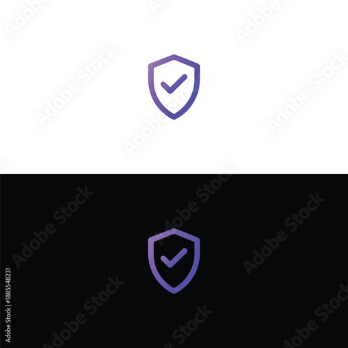 A stylish shield logo with a checkmark, featuring a modern gradient purple color scheme, presented on both a crisp white and a dark black background.