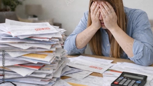Confused sad puzzled woman having financial debts issues problems.
