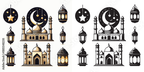Ramadan Kareem vector and silhouette pack - mosque, lantern & crescent moon icons on white background.