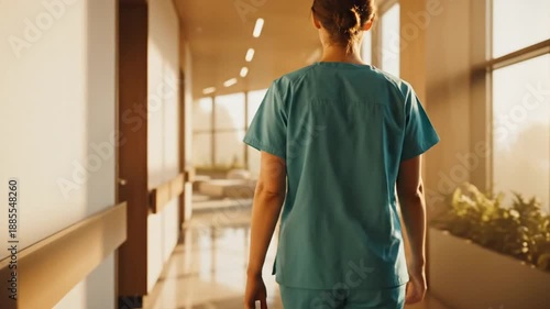 Medical professional walking through sunny hospital corridor