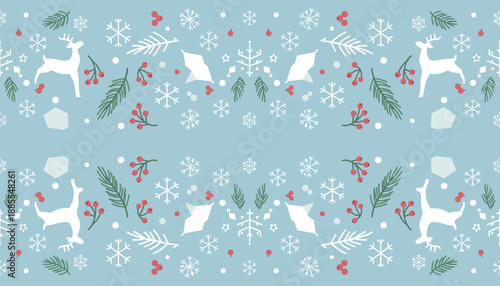 Seamless holiday pattern with reindeer snowflakes pine and berries on blue Perfect for wrapping paper