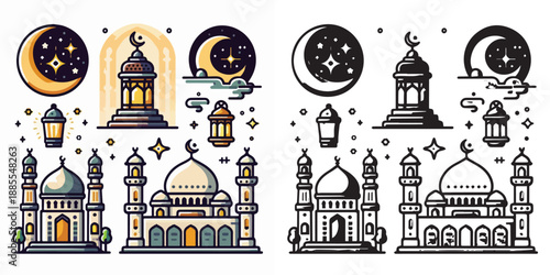 Ramadan Kareem vector and silhouette pack - mosque, lantern & crescent moon icons on white background.
