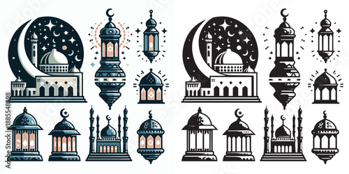 Ramadan Kareem vector and silhouette pack - mosque, lantern & crescent moon icons on white background.