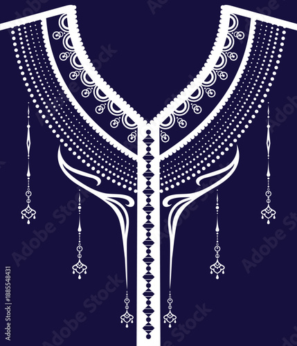 Ethnic neckline collar embroidery vector in navy and white. Suitable for garment production, kurta, dress, uniform, fabric printing, and embroidery placement. Clean symmetrical design for manufacturin