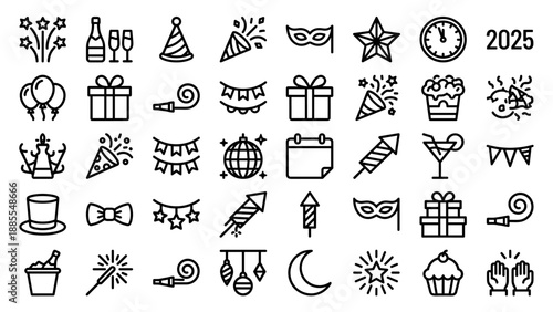 New Year celebration icons set. Bold outline vector collection. Party symbols champagne fireworks clock. Linear holiday design. Minimal black stroke pictogram kit. Festive graphics.