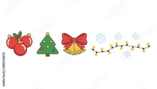 Collection of flat Christmas icons ornaments tree bells ribbon lights and snowflakes