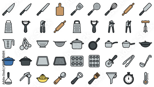 Kitchen utensils and cookware icons. Vector cooking tools set. Flat filled style. Pots pans knives cutlery. Baking preparation gadget. Food gastronomy household. Culinary equipment.