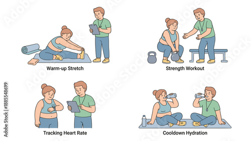 Fitness training scenes. Personal trainer helping woman. Warm up stretch. Kettlebell lifting. Heart rate monitor. Drinking water. Healthy lifestyle. Gym coach. Weight loss vector.