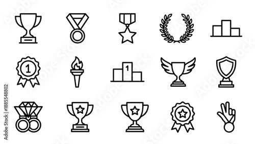 Trophy and medal award icons set. Minimalist line design. Outline symbols of victory, achievement, success, competition, winner podium, laurel wreath, torch, badge, and shield vector illustration.