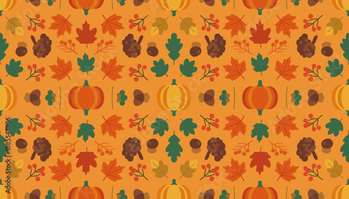 Seamless autumn pattern with pumpkins maple leaves and pine cones on an orange background