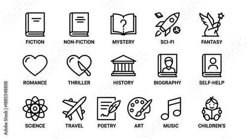 Library book genre line icons set. Fiction non-fiction mystery sci-fi fantasy romance thriller history biography self-help science travel poetry art music