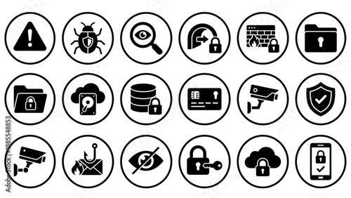 Cybersecurity and privacy protection icon set. Internet safety network lock shield firewall. Digital secure technology. Phishing malware virus scan. Safe business online system.