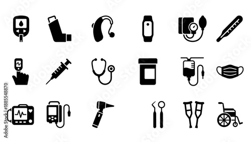 Medical device glyph icon set with 18 vector symbols including glucose meter, inhaler, hearing aid, wearable patch, blood pressure monitor, thermometer, and health technology tools
