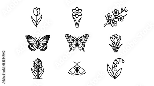 Vector icon set spring flowers and butterflies. Minimalist line art style. Nature botanical floral elements. Black and white outline. Simple insect symbols. Tattoo design sketch.