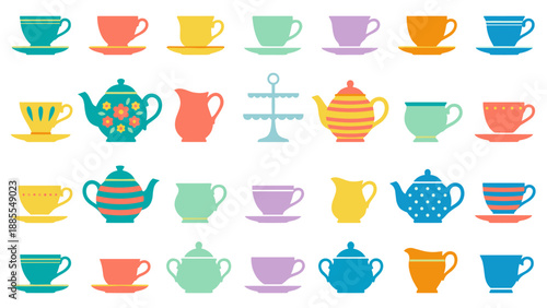 Tea party vector icon set. Colorful teacups teapots saucers pitchers. Flat design kitchen crockery tableware. Afternoon tea ceremony collection illustration