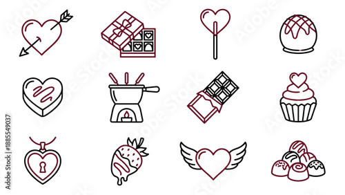 Valentine's Day vector icon set. Love romance symbols line art. Chocolate sweets desserts outline. Heart arrow wings. Gift box fondue cupcake strawberry. Wedding anniversary linear.