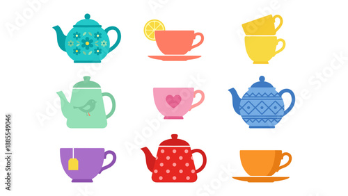 Colorful tea party icon set. Flat vector illustration cups teapots. Kitchen crockery collection. Ceramic beverage mug. Breakfast drink. Porcelain tableware. Cafe menu. Hot herbal tea.