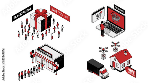 Isometric Black Friday sale set. Online laptop e-commerce. Retail store queue. Delivery truck drone shipping. Big gift box discount. Business marketing. 4 distinct vector scenes.