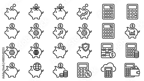 Financial icon set. Piggy bank calculator symbols. Investment money savings concept. Minimalist line art. Business economy design. Wealth growth budget accounting profit.