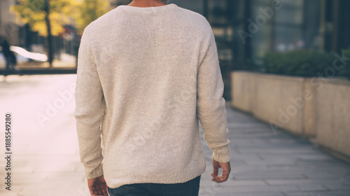 Man Walking Down City Sidewalk In Cozy Sweater And Jeans, Back View, Casual Urban Stroll, Morning Light, Concrete Planters And Glass Storefronts, Relaxed Pace, Everyday