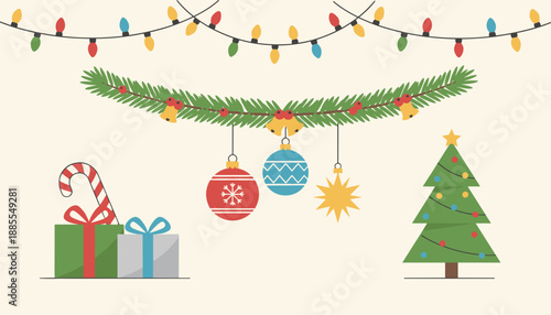 Colorful Christmas border illustration featuring festive lights fir garland ornaments gifts and a small tree graphic