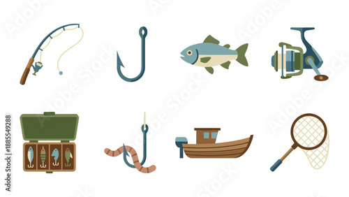 Fishing icons set vector. Equipment for outdoor sport. Rod, hook, fish, reel, tackle box, bait, boat, net. Summer leisure. Camping lake trip. Fisherman gear symbols. Flat design.