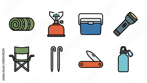 Camping gear icons set. Outdoor adventure equipment. Hiking essentials. Sleeping bag, stove, cooler, flashlight, chair, pegs, knife, canteen. Summer travel, tourism, nature survival.