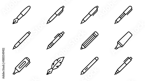 Writing tool line icons set. Minimalist vector stationery collection office supplies. Pencil marker feather quill stylus ink linear outline. School education equipment uniform stroke.